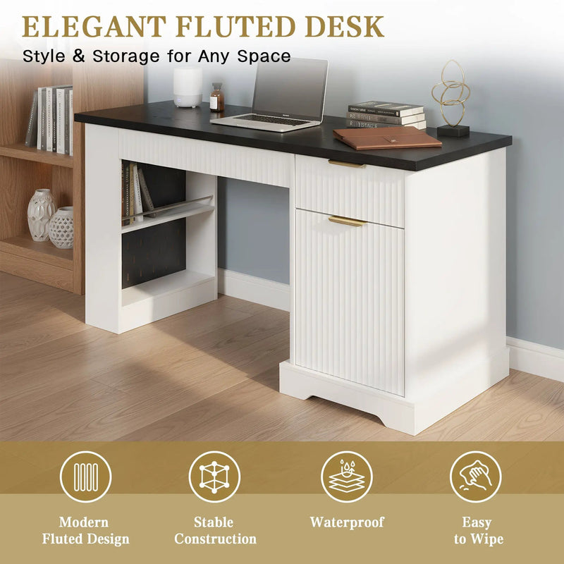 55" Modern Fluted Office Desk with Storage Cabinet & Drawers by HouseOfZazla