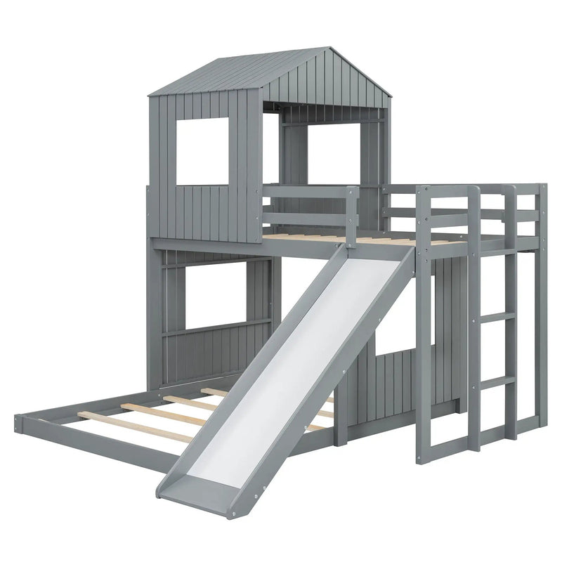 Loft Bunk Bed With Playhouse, Farmhouse, Ladder, Slide And Guardrails by Unique Piece Furniture