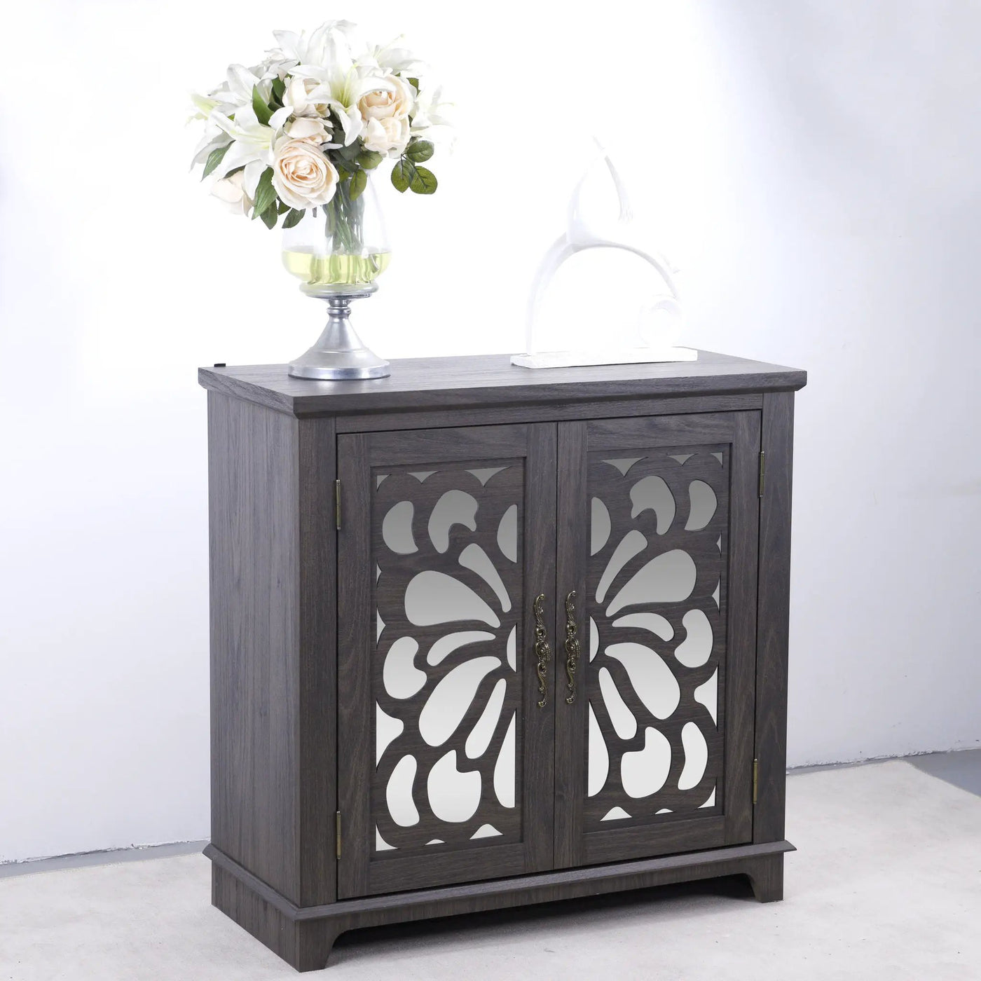 Elegant Sideboard With 2 Acrylic Mirrored Doors, Adjustable Shelf Storage by HouseOfZazla