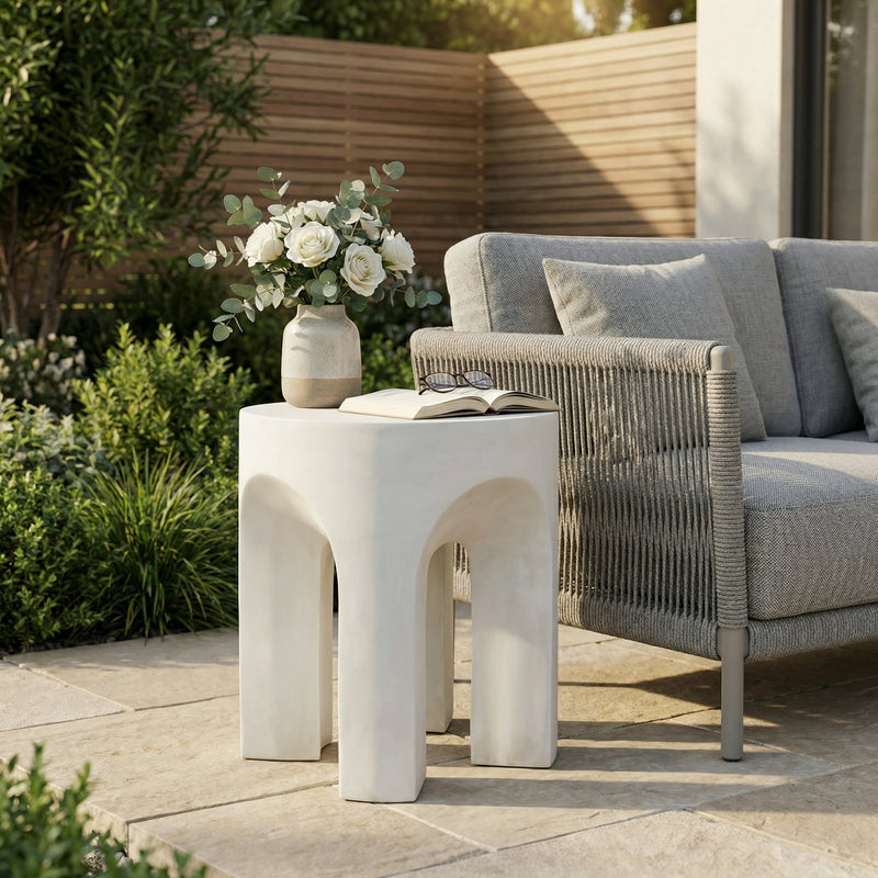 Outdoor MGO Round Top Side Table with Stable Four-Leg Design - Antique White