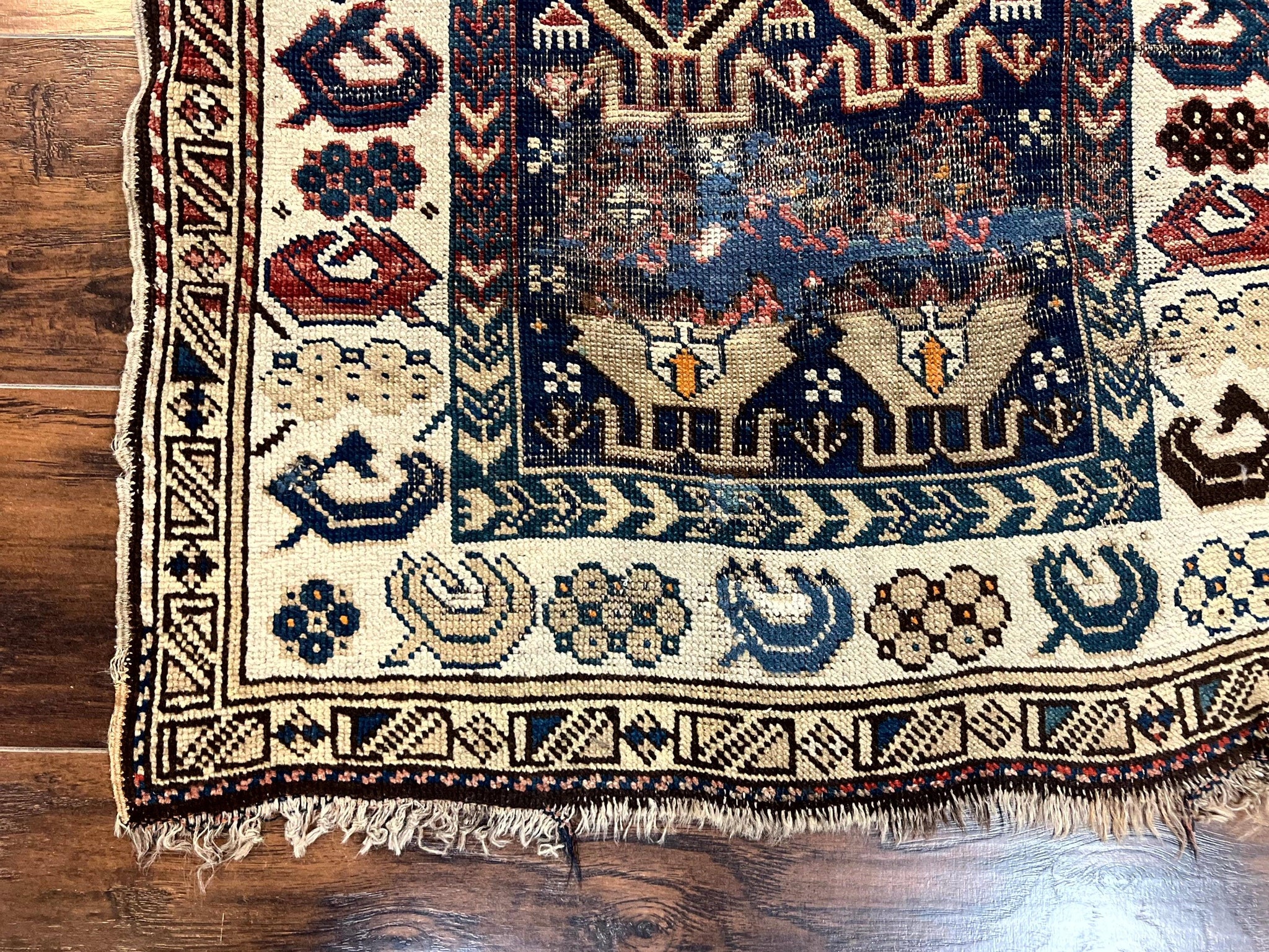 Antique Caucasian Kazak Rug 2.5 x 4, Navy Blue and Ivory, Hand Knotted Handmade Wool Rug by Jewel Rugs