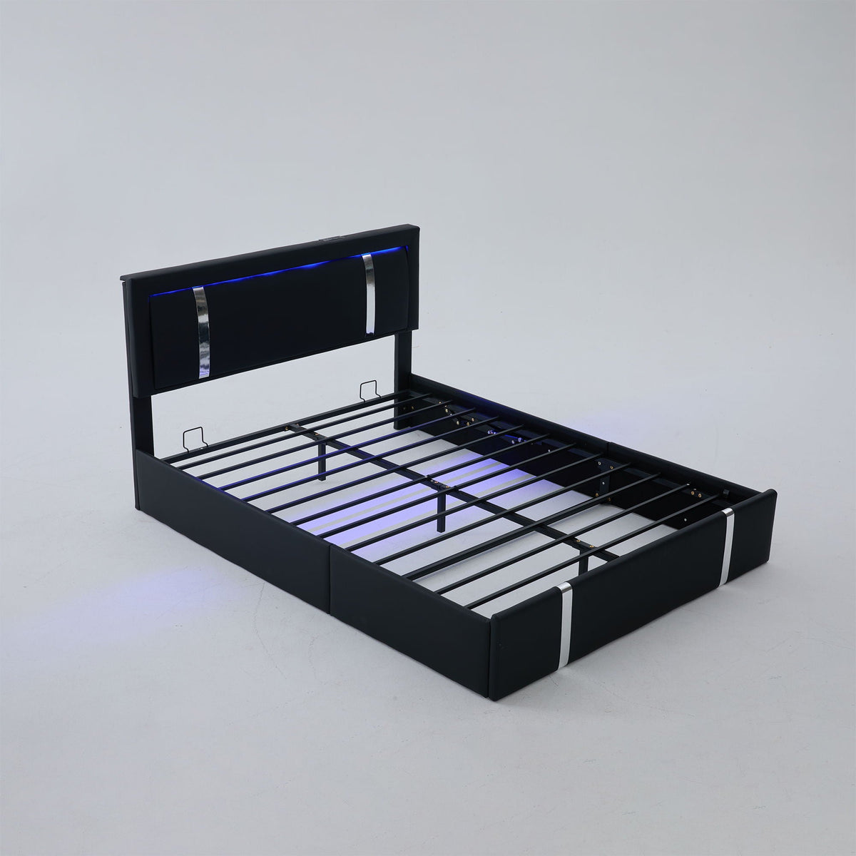 Upholstered Platform Bed Frame with Adjustable LED Headboard and Storage - Black or White