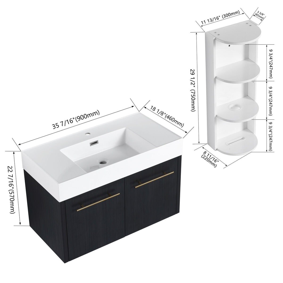Modern Wall Mounted Bathroom Vanity with Resin Sink - Black, photo 7 of 16