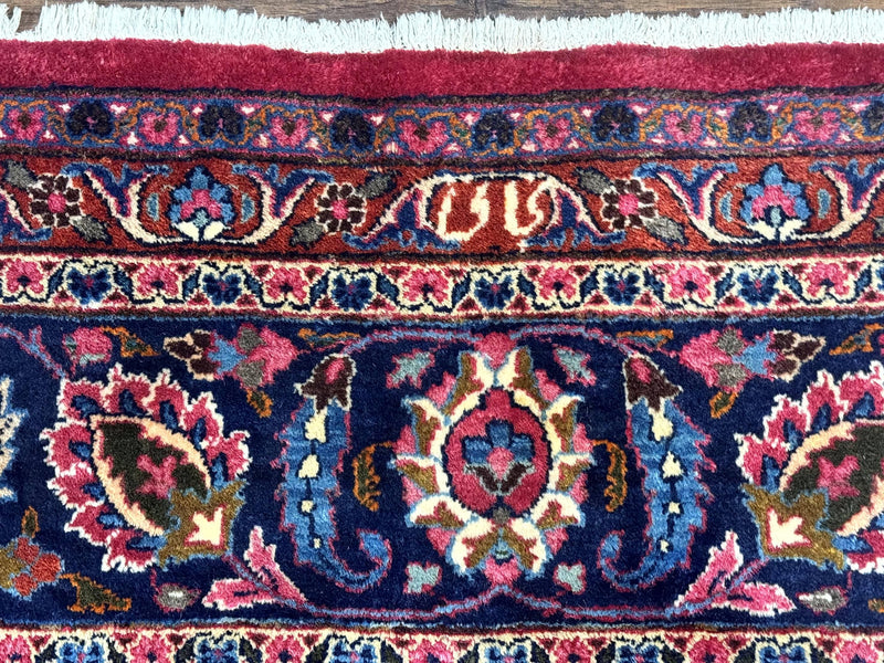 Antique Persian Mashad Rug 10x13, Red and Navy Blue, Great Colors, Signed By Masterweaver, Floral Medallion, Handmade Wool Persian Carpet by Jewel Rugs