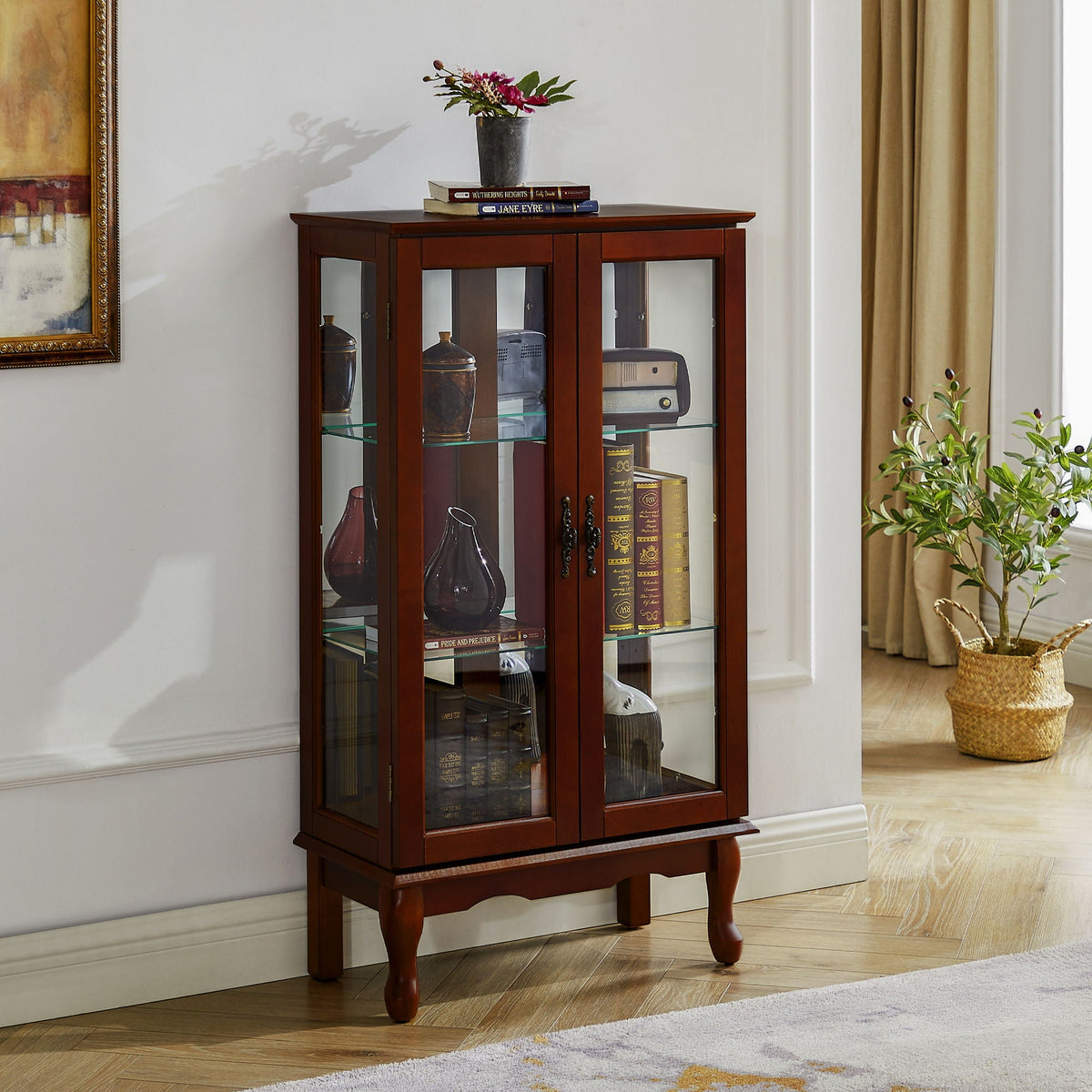 Lighted Curio Display Cabinet with Adjustable Shelves - Light Brown, Dark Brown, Dark Red, photo 12 of 40