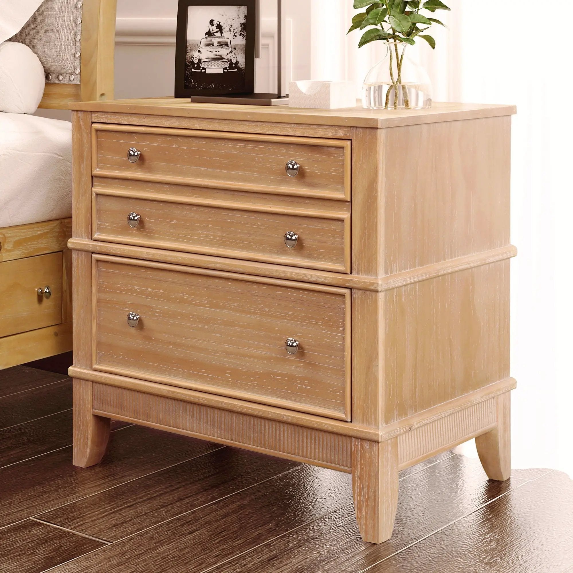 Hazel - 3 Drawer Side Table For Living Room, Hallway, Entryway Solid Wood With Silver Handles - Natural by Unique Piece Furniture