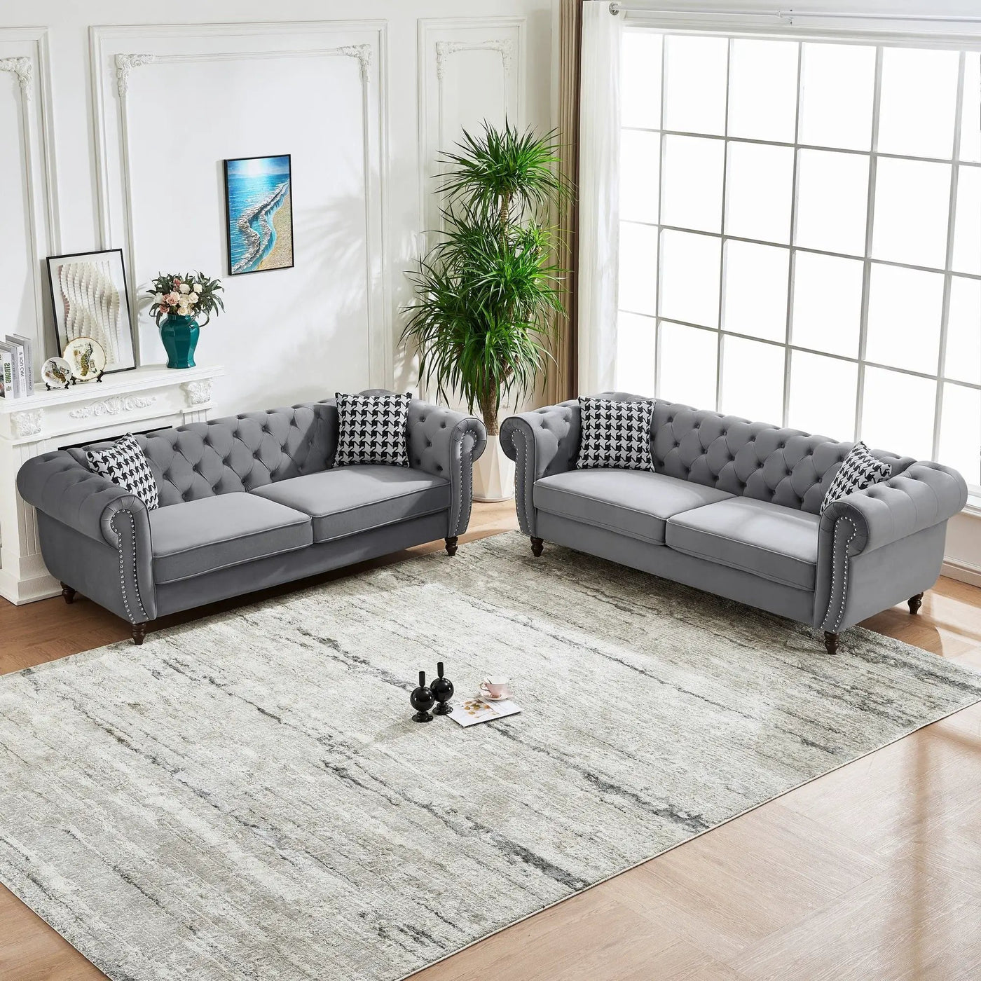 Chesterfield Upholstery Fabric Sofa With Roll Armrest & Nailhead, Mid Century Modern 3 And 3 Seater Couch by Unique Piece Furniture