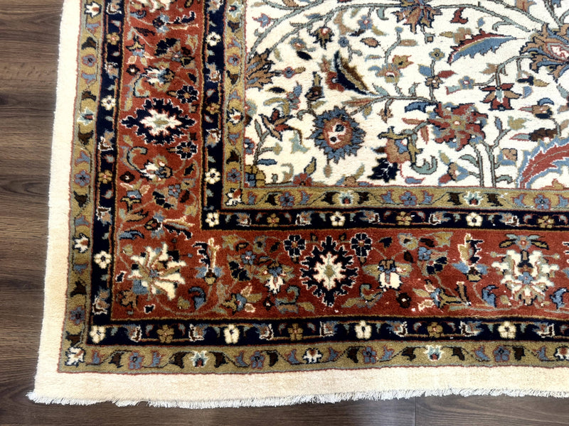 Indo Persian Rug 9x12, Ivory and Red, Traditional Wool Oriental Carpet by Jewel Rugs