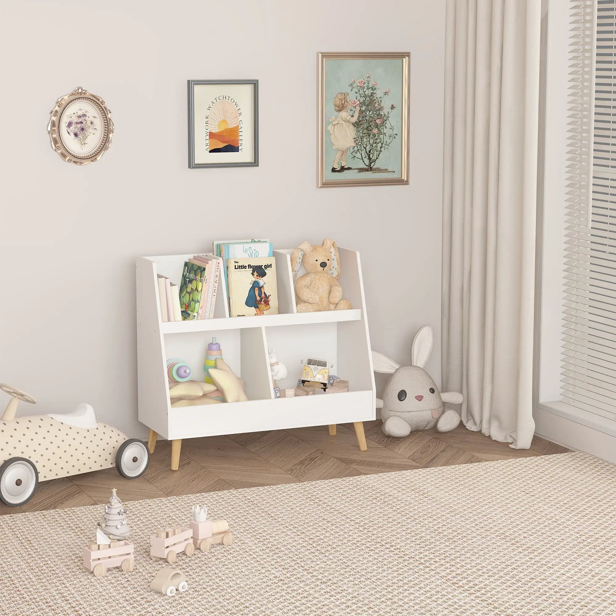 Kids Bookshelf And Toy Organizer, 5 Cubbies Wooden Open Bookcase, 2-Tier Baby Storage Display Organizer With Legs, Free Standing For Playing Room, Bedroom, Nursery, Classroom - White by Unique Piece Furniture