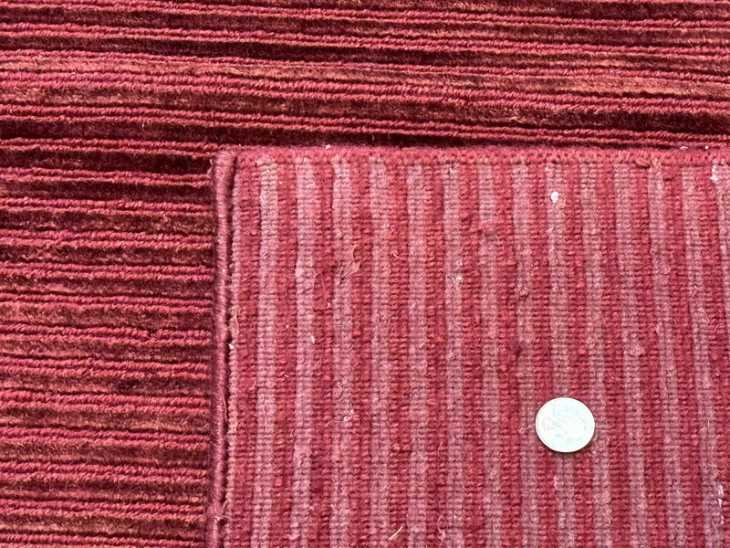 Modern Tibetan Rug 8x10, Red, Stripes, Handmade Wool Thick Pile Carpet by Jewel Rugs