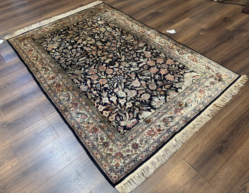 Silk Rug 4x6, Black and Cream, Floral & Bird Pictorials, Fine 330 KPSI, Sino Persian Rug by Jewel Rugs