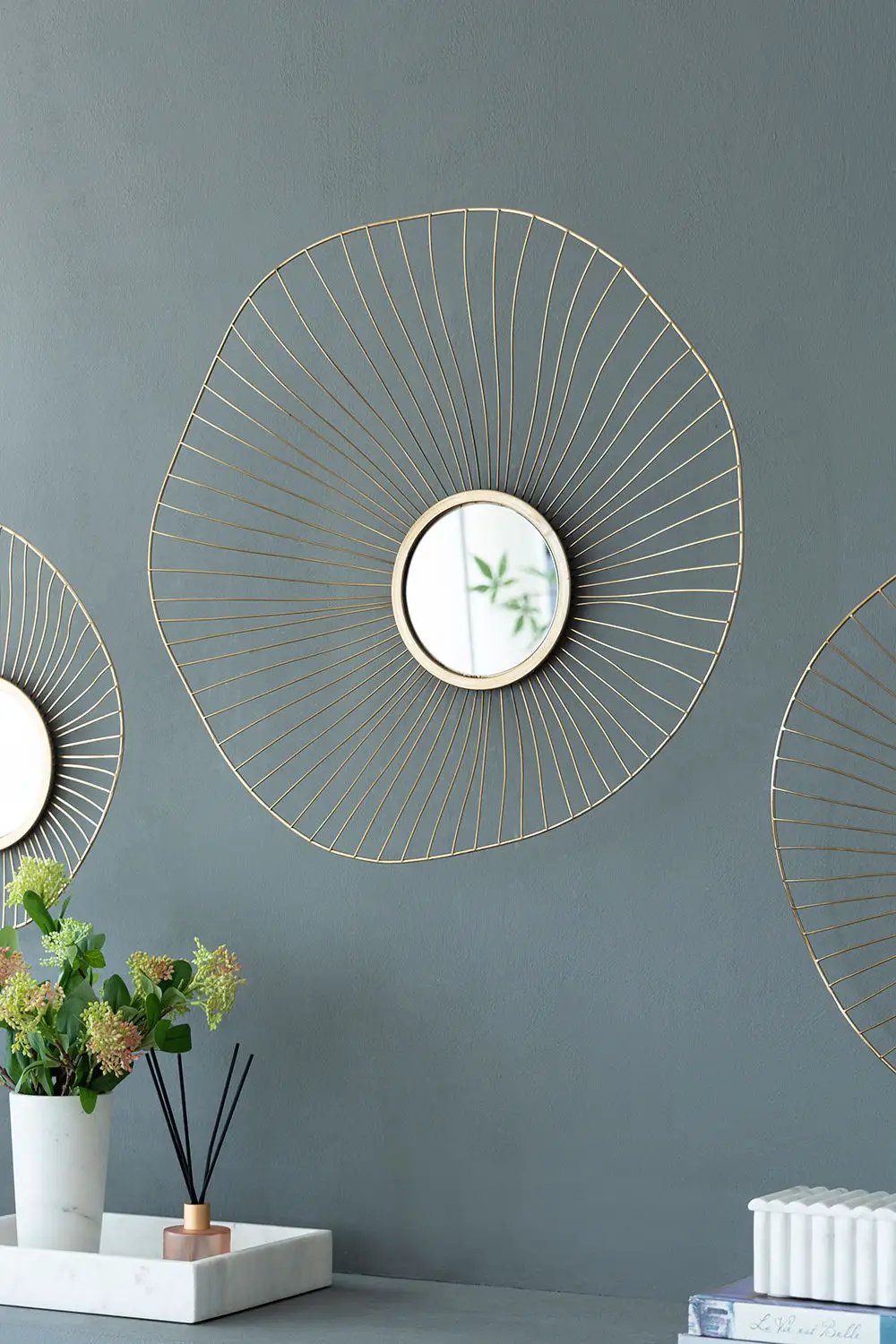 Wall Mirror Abstract Designed Wall Mirrors WithFrame For Home & Office, Top Of Sideboard (Set of 3) - Gold by HouseOfZazla