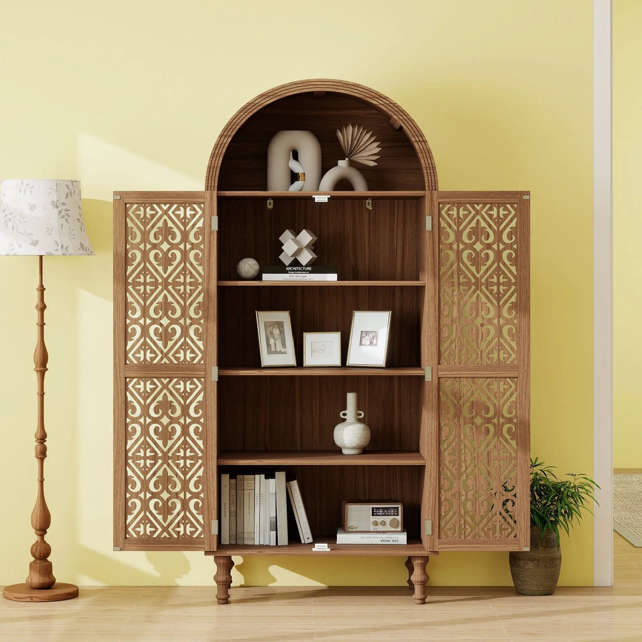 Tall Kitchen Pantry Cabinet With Hollow Carved Doors Adjustable Shelves Versatile Storage Cabinet For Kitchen - Walnut by Unique Piece Furniture