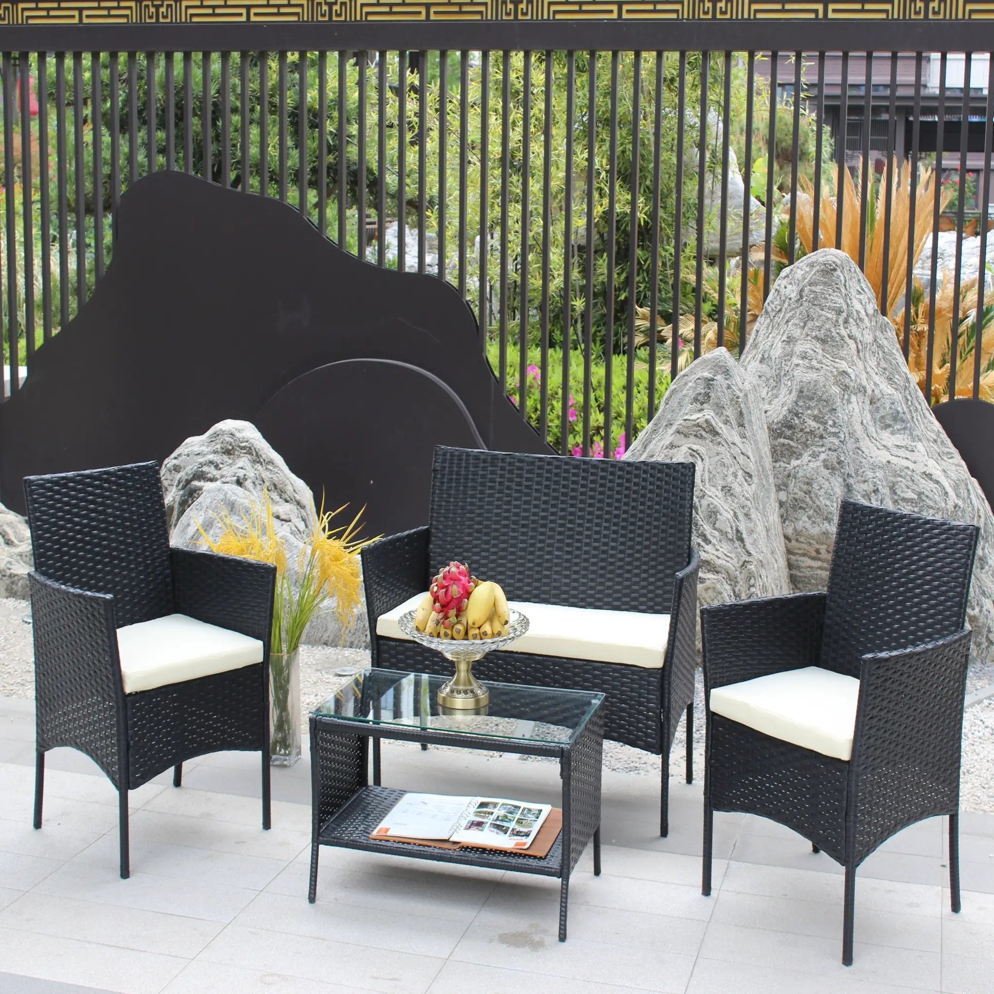 4 PC Rattan Patio Furniture Set Outdoor Cushioned Wicker Sofa by HouseOfZazla