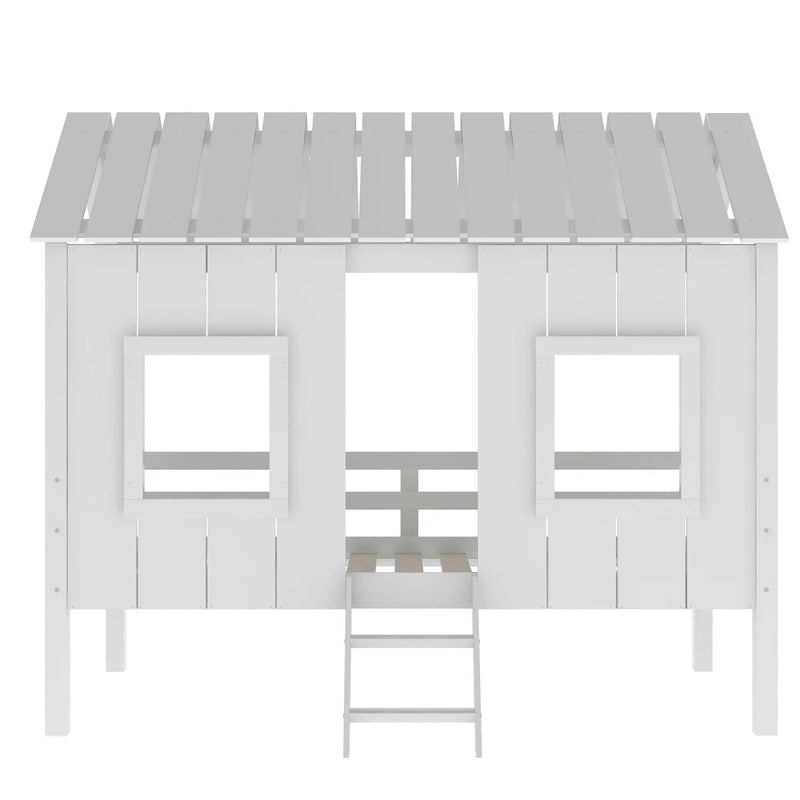 Twin Size Low Loft House Bed With Roof And 2 Front Windows - White by Unique Piece Furniture