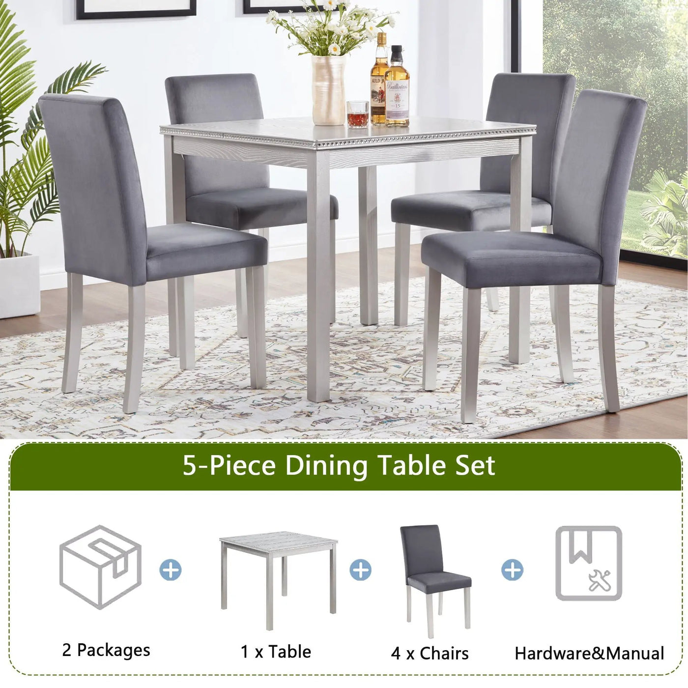 5 Pieces Wooden Dining Table Set, Square Table And 4 Upholstered Chairs by HouseOfZazla