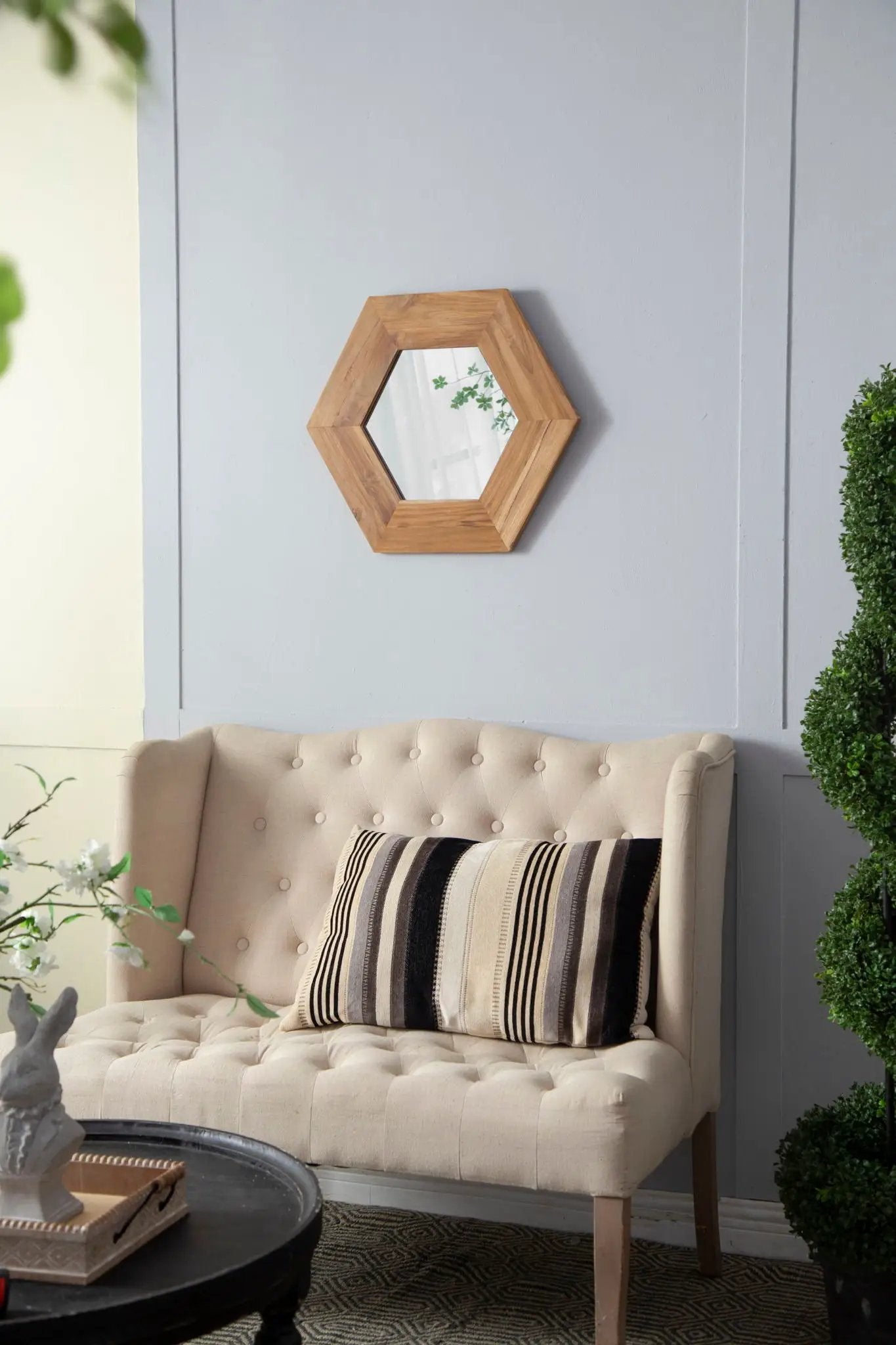 Hexagon Mirror With Natural Wood Frame, Wall Decor For Living Room Bathroom Hallway by HouseOfZazla
