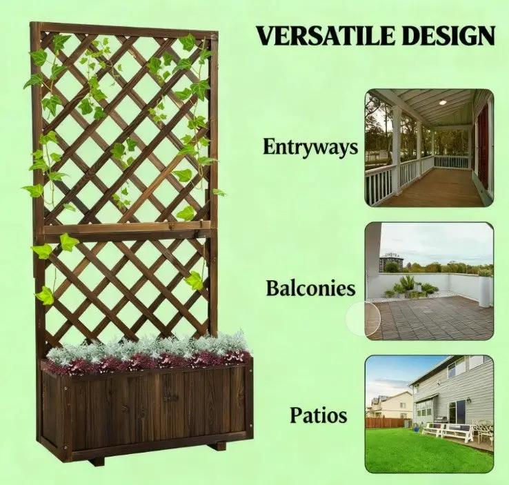 Garden Bed, Wooden Raised Garden Bed Planting Planter Box with Trellis and Drain Holes by HouseOfZazla