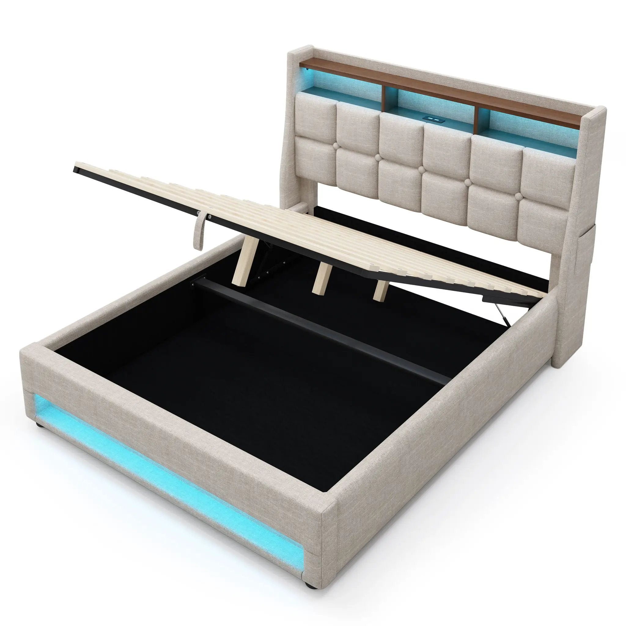 Platform Bed With Hydraulic Storage, LED Lighting & Charging Station by HouseOfZazla