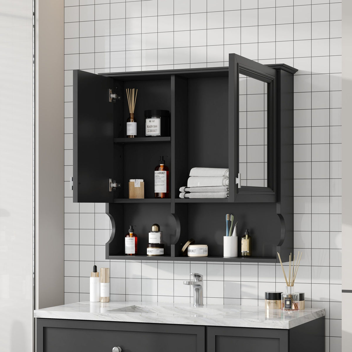 Wall Mounted Mirror Medicine Cabinet with Soft-Close Doors and Open Shelves - Black or White, photo 5 of 8