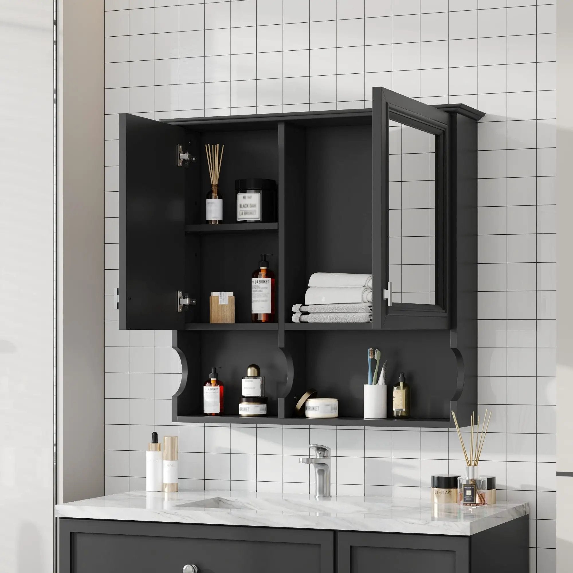 Wall Mounted Mirror Medicine Cabinet, Bathroom Storage With Doors And Open Shelves by Unique Piece Furniture