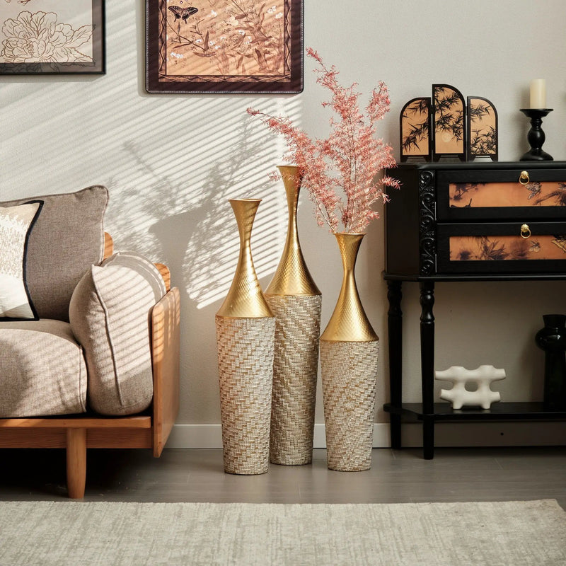 Floor Metal Vase Modern Style Decoration Home Woven Pattern Metal Vase 3 Piece Set Gorgeous Home Decoration Large Glazed Metal Vase - Champagne by HouseOfZazla