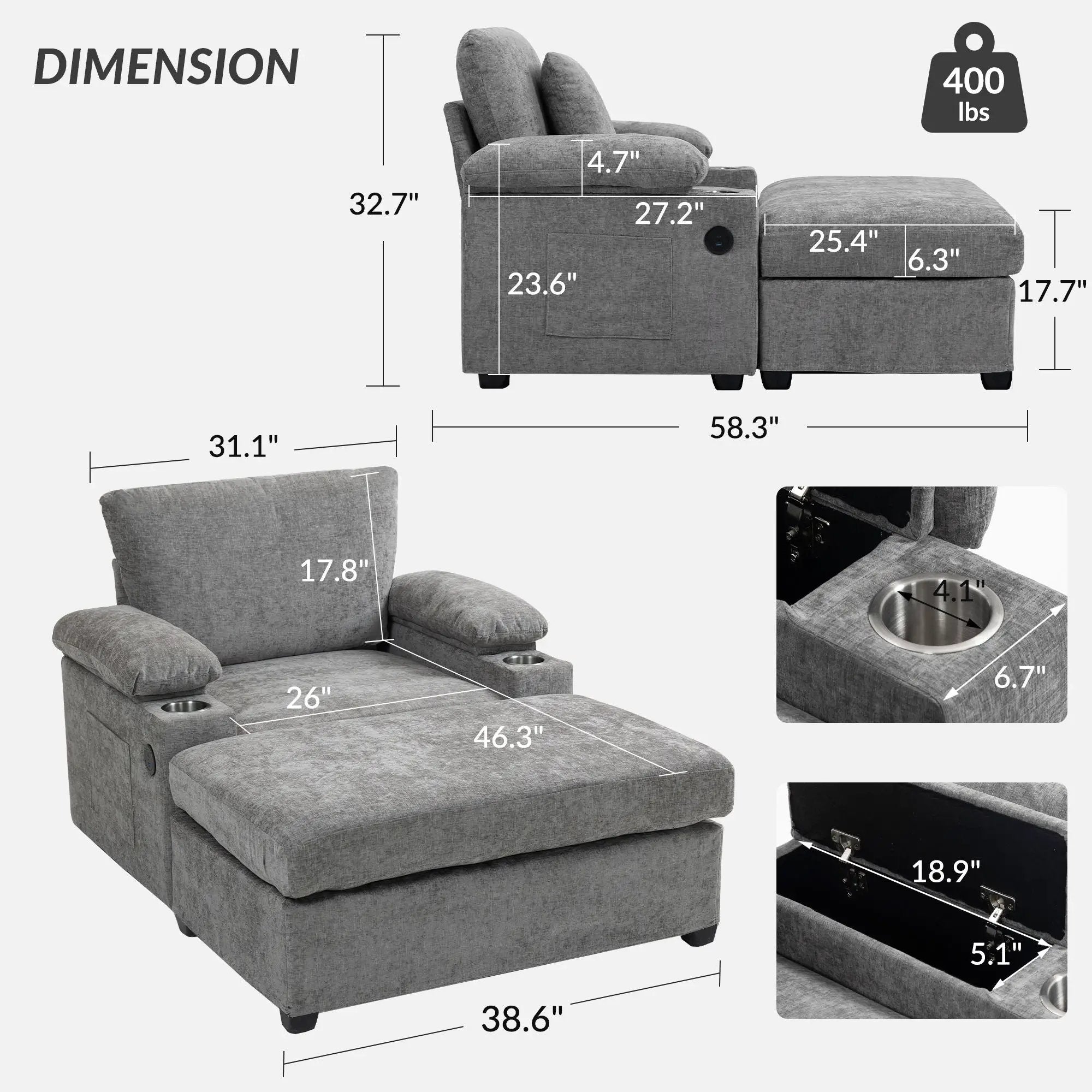 Modern Oversized Chair With Ottoman, Cupholders And USB Charging Ports by HouseOfZazla