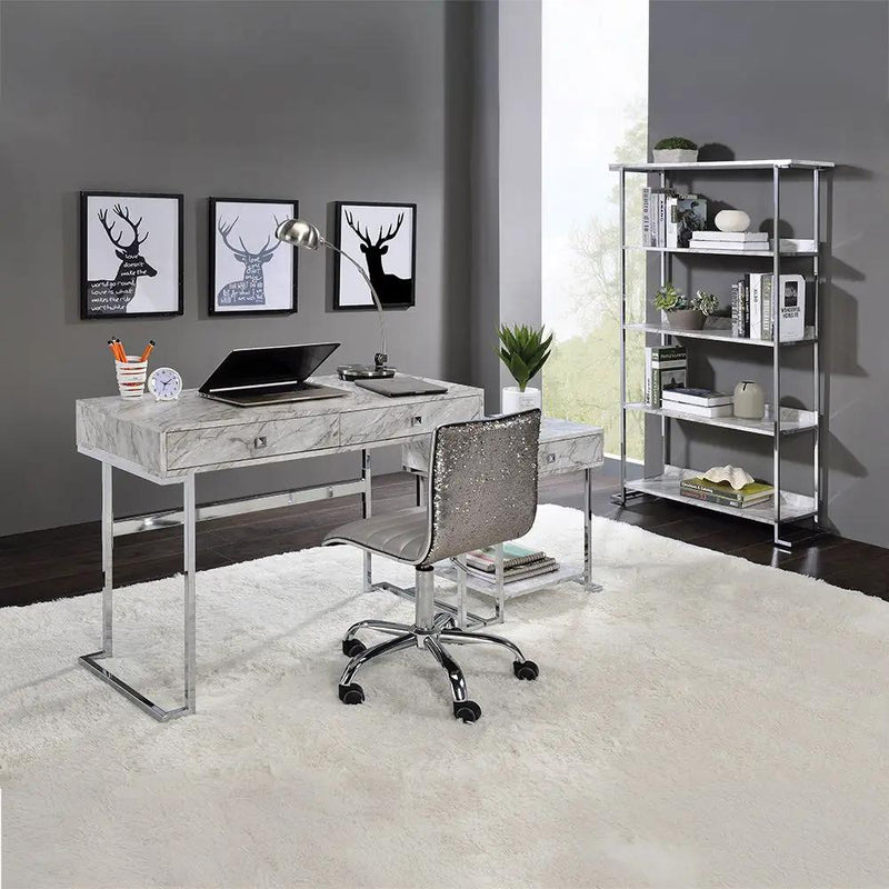 Tigress - Writing Desk - White Printed Faux Marble Top & Chrome by Unique Piece Furniture