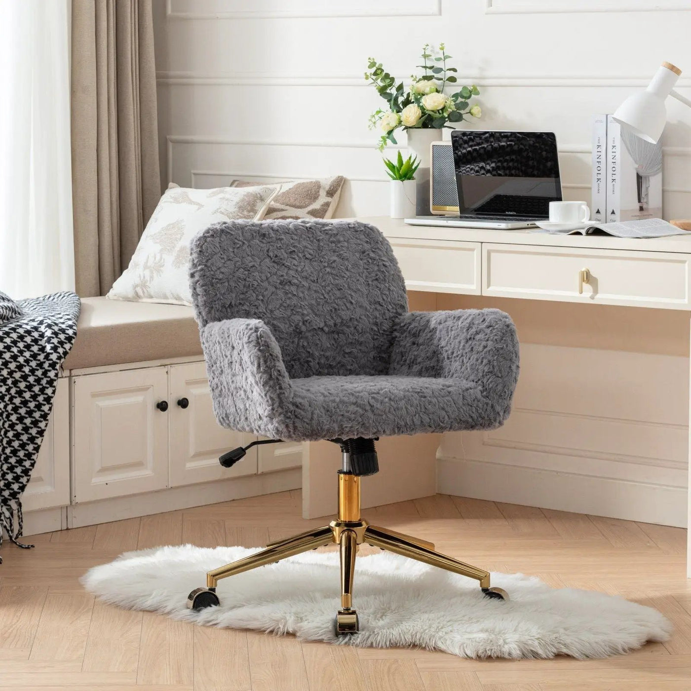 Office Chair, Artificial Rabbit Hair Home Office Chair With Metal Base, Adjustable Desk Chair Swivel Office Chair, Vanity Chair by HouseOfZazla