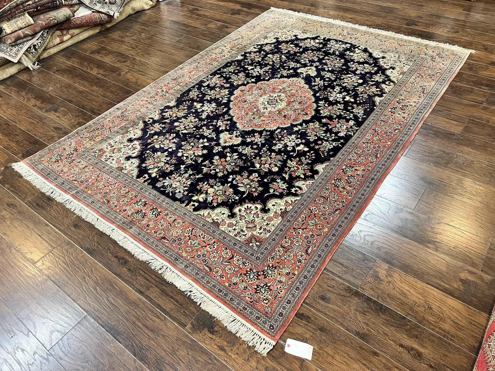 Stunning Silk Persian Qum Rug 7x9, Finely Hand Knotted Navy Blue & Salmon Floral Medallion Authentic Oriental Carpet, Vintage Handmade Silk Ghom Rug, Silk on Silk by Jewel Rugs