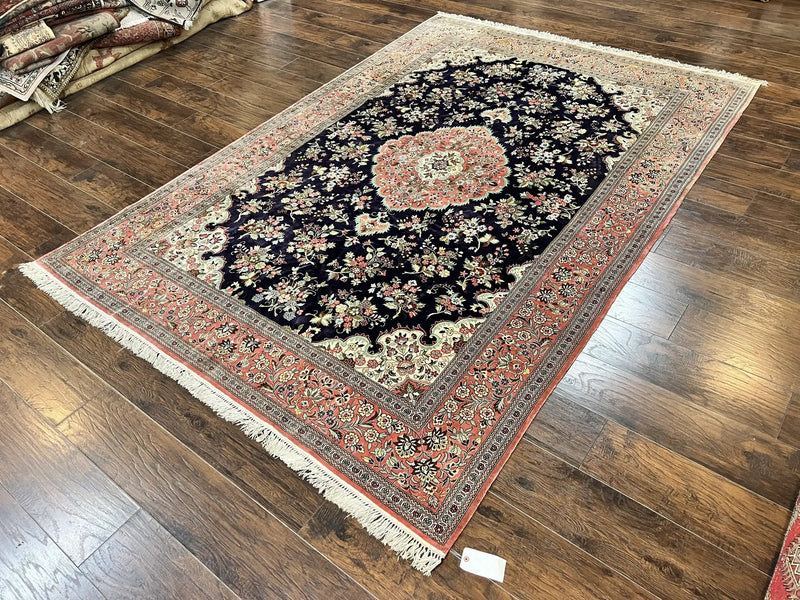 Stunning Silk Persian Qum Rug 7x9, Finely Hand Knotted Navy Blue & Salmon Floral Medallion Authentic Oriental Carpet, Vintage Handmade Silk Ghom Rug, Silk on Silk by Jewel Rugs