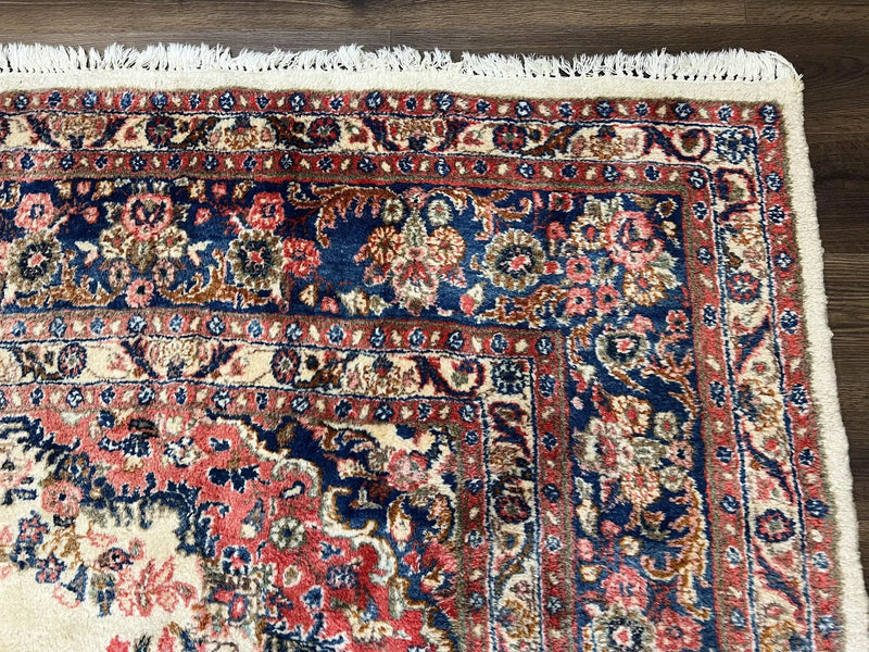 Persian Rug 9x10, Hamadan Rug, Antique Oriental Carpet, Wool Rug, Semi Open Field, Cream and Navy Blue, Kirman Design Hand Knotted Almost Square Rug by Jewel Rugs