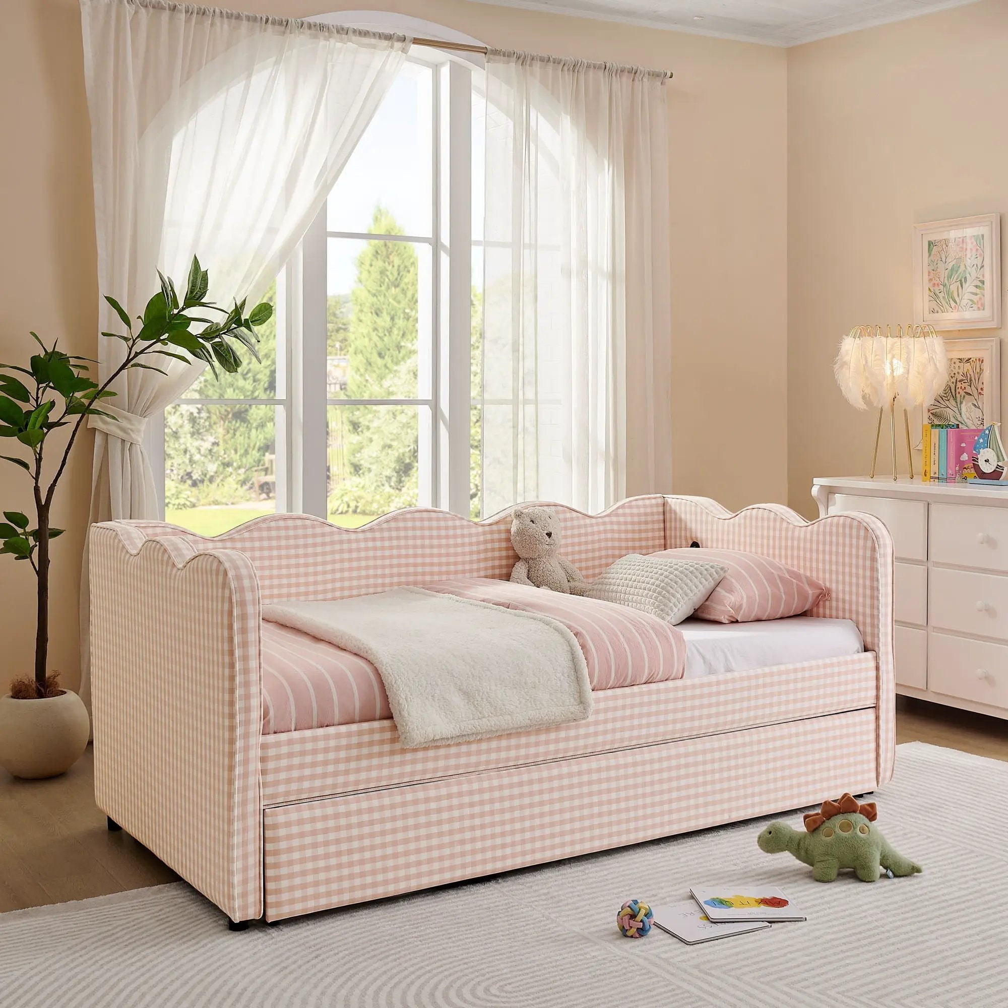 Gingham Daybed With USB Charging Port, Wave Shaped Design by Unique Piece Furniture