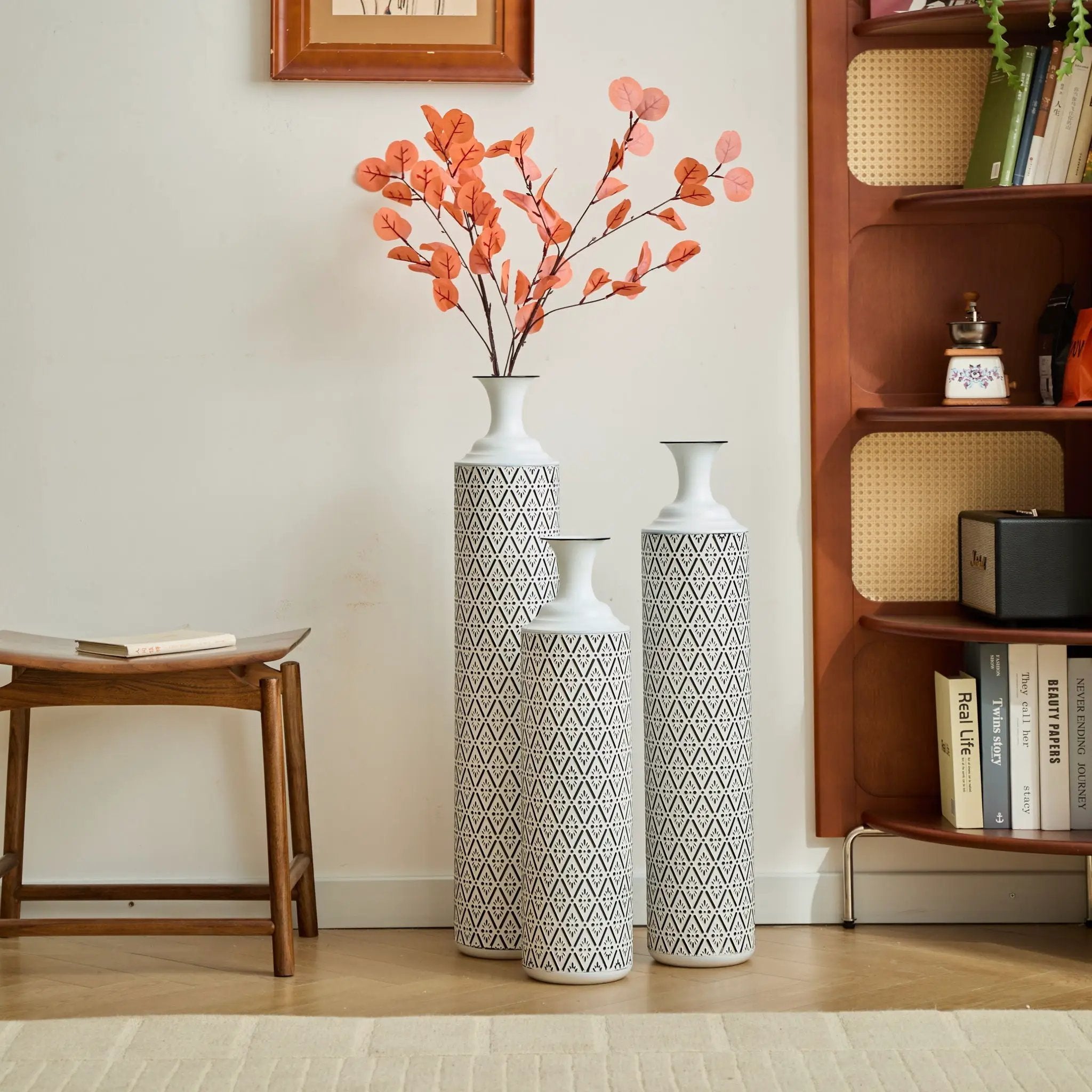 Modern Floor Vase Set Metal Vases With Geometric Pattern, 3 Piece Home Decor Set - White / Black by Unique Piece Furniture