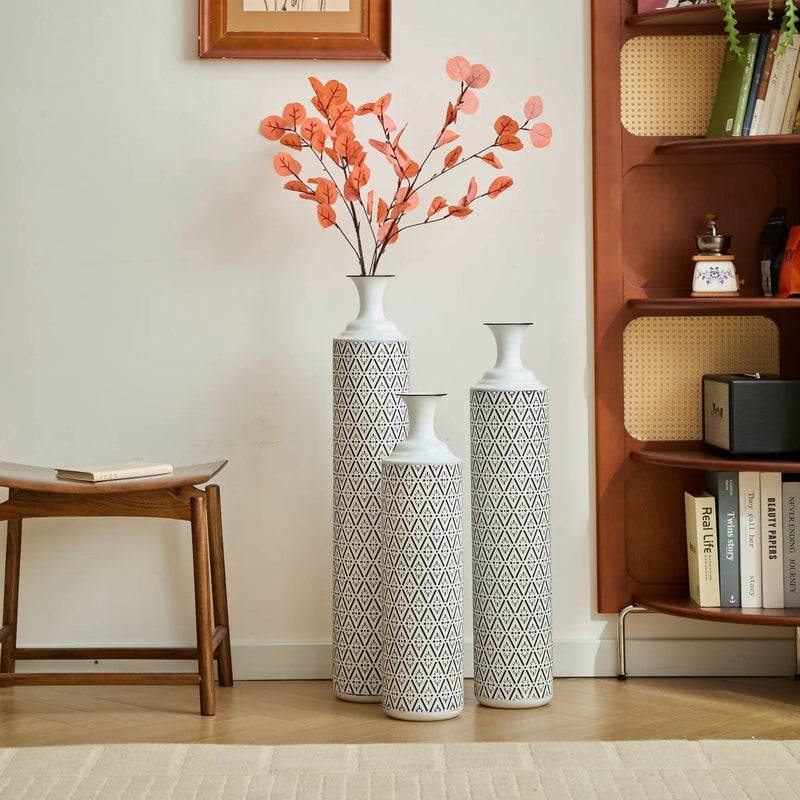 Modern Floor Vase Set Metal Vases With Geometric Pattern, 3 Piece Home Decor Set - White / Black by Unique Piece Furniture