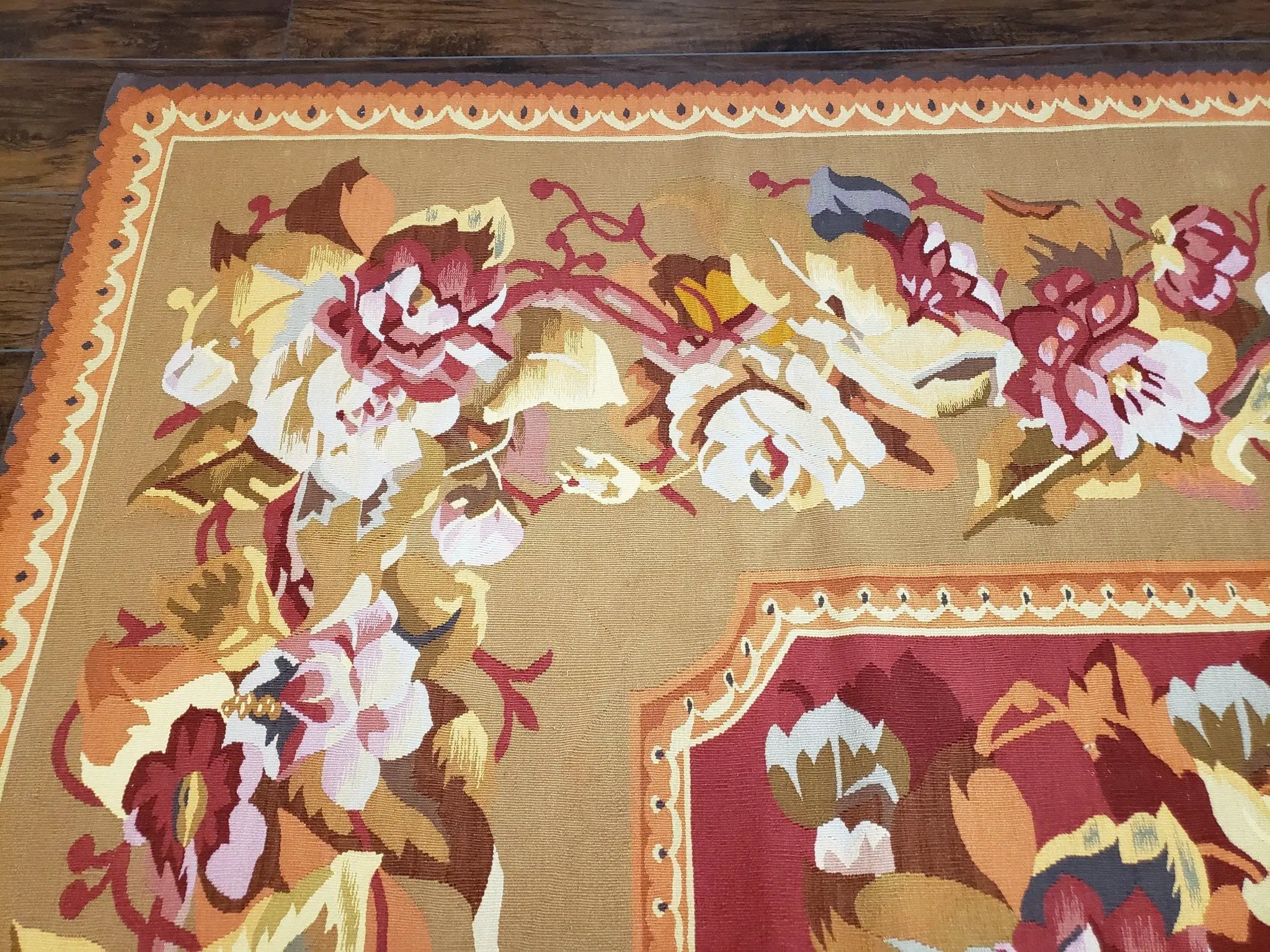 Vintage Chinese Aubusson Savonnerie Flat Pile Rug 9.9 x 14.5 Wool Handwoven Red & Khaki Large Flowers Rug 9x14 - 10x15 Michaelian Kolhberg by Jewel Rugs