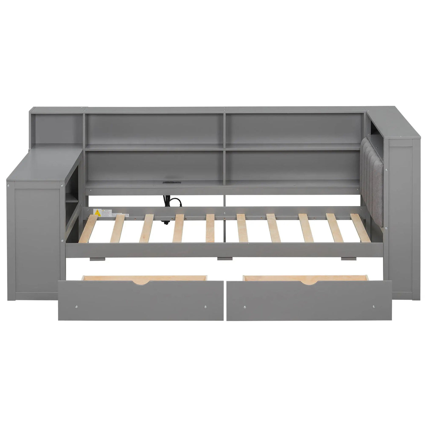 Platform Bed With Upholstered Headboard, Storage Shelves, Drawers, Charging Station, LED Lighting, Built In Desk by HouseOfZazla