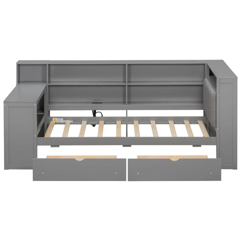 Platform Bed With Upholstered Headboard, Storage Shelves, Drawers, Charging Station, LED Lighting, Built In Desk by Unique Piece Furniture