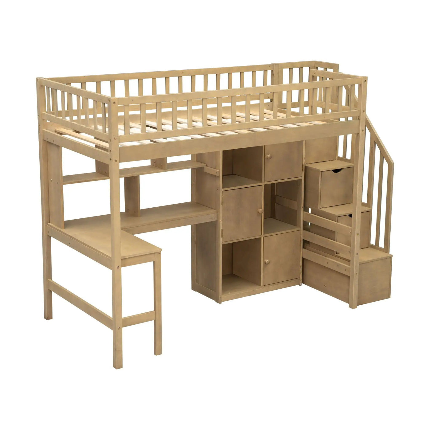 Loft Bed With Built In L Shaped Desk, LED Lights, Storage Shelves, Cabinets, And Staircase by HouseOfZazla