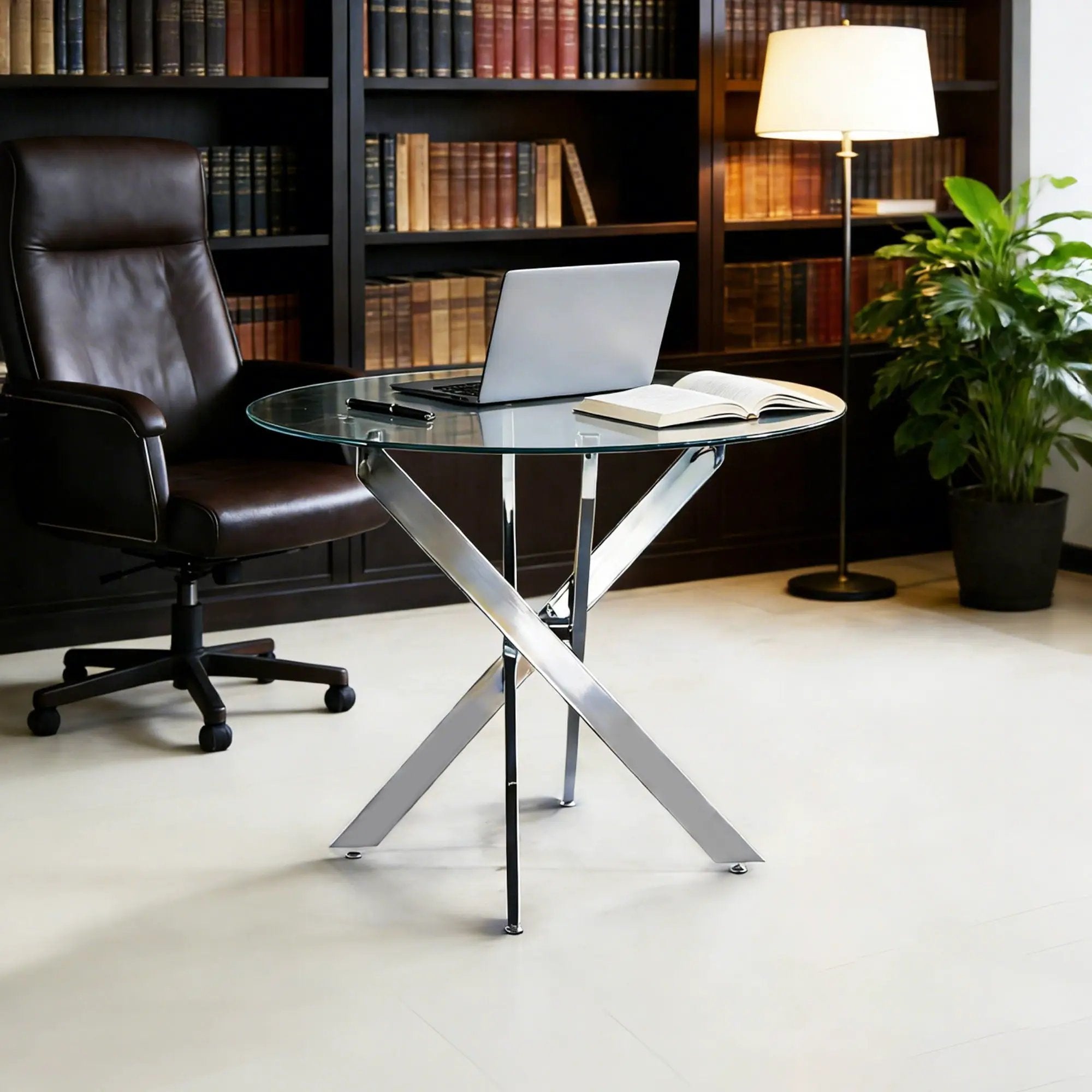 Dining Table With Cross Metal Leg And Tempered Glass, Modern Space Saving Kitchen Table For Living Room by Unique Piece Furniture