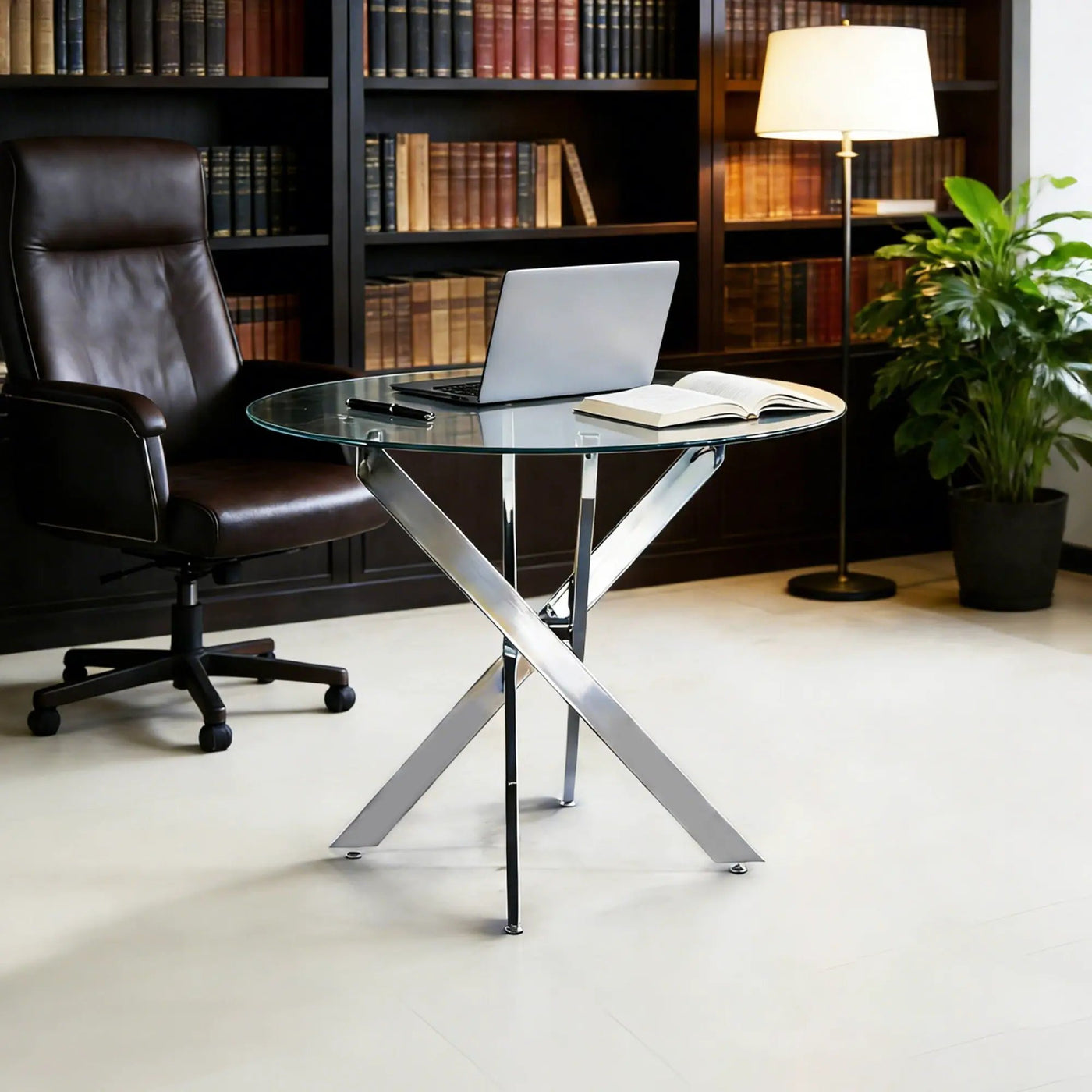 Dining Table With Cross Metal Leg And Tempered Glass, Modern Space Saving Kitchen Table For Living Room by HouseOfZazla