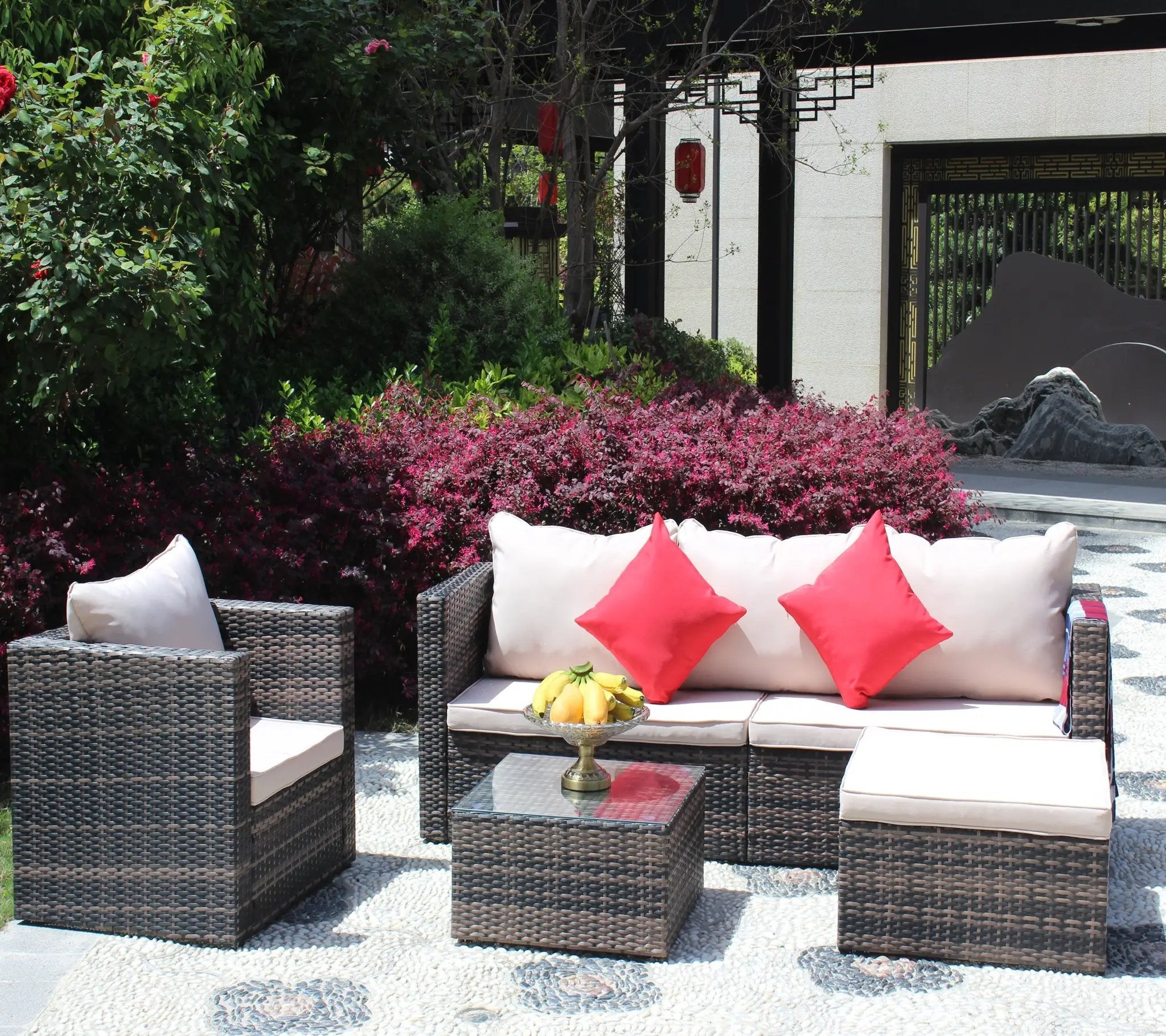 Rattan Patio Furniture Set Wicker Sofa Cushioned Sectional (4 Pieces, Brown) by HouseOfZazla