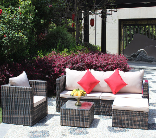 Rattan Patio Furniture Set Wicker Sofa Cushioned Sectional (4 Pieces, Brown)