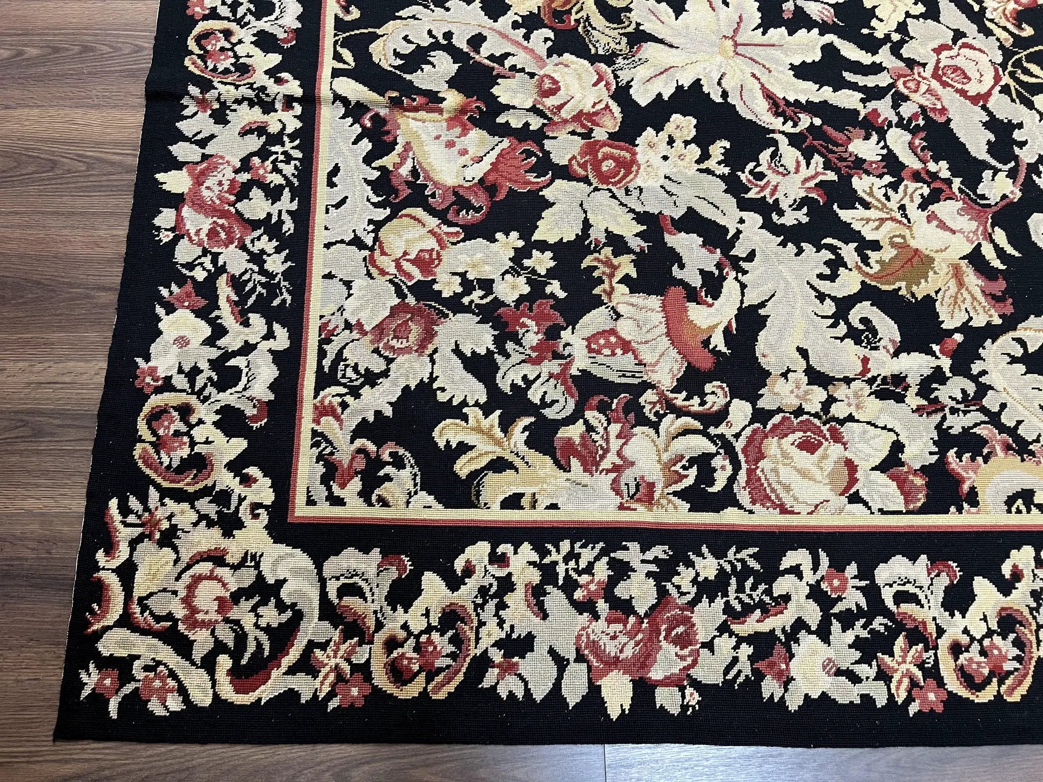 Wool Needlepoint Rug 9x12, William Morris Vintage Chinese Needlepoint Carpet 9 x 12, Handwoven, Allover Floral Area Rug, Black Light Green by Jewel Rugs