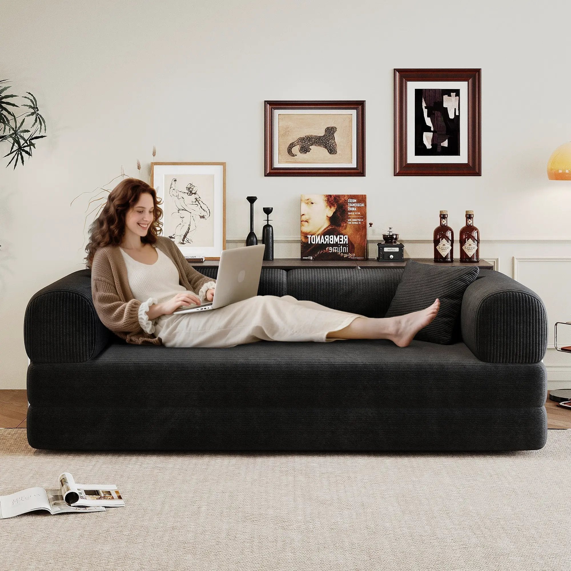 78.8' Compression Sofa,Convertible Floor Sofa Bed-with Pillow Back Support Armrest,Comfy Futon Couch Sleeper Bed,Loveseats Boneless Modular Sectional Sofa,Corduroy fabric,for Living Room,Bedroom,Black by HouseOfZazla