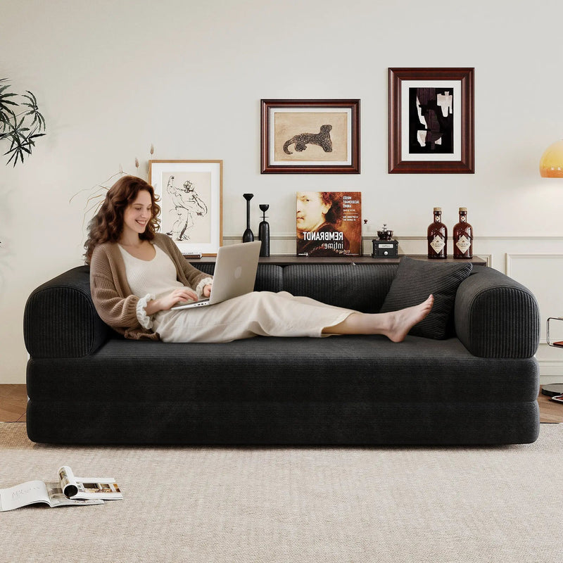 78.8' Compression Sofa,Convertible Floor Sofa Bed-with Pillow Back Support Armrest,Comfy Futon Couch Sleeper Bed,Loveseats Boneless Modular Sectional Sofa,Corduroy fabric,for Living Room,Bedroom,Black by HouseOfZazla