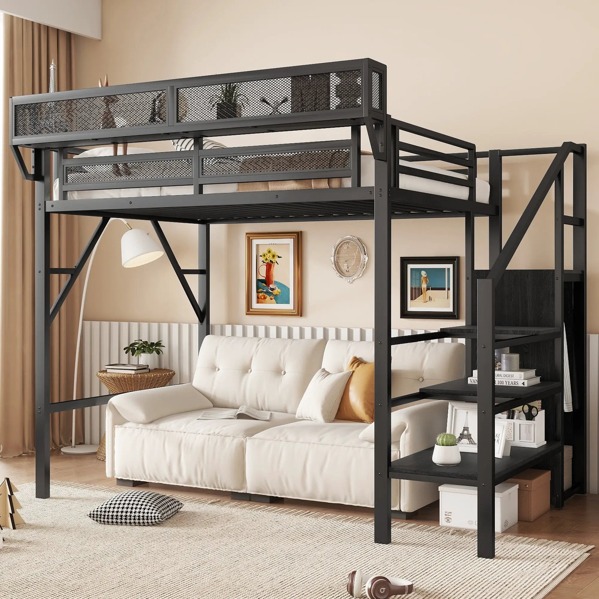 Twin Size Loft Bed with Stairs, Metal Full Loft Bed with Storage Shelves by HouseOfZazla