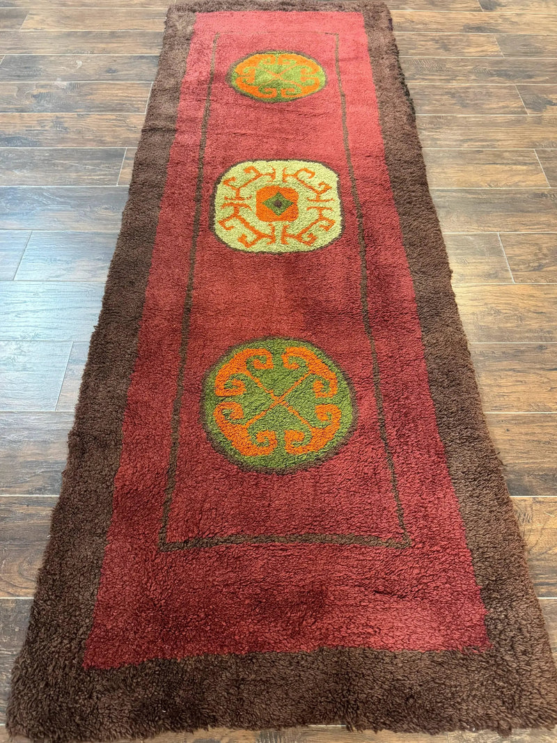 German Hooked Runner Rug 3x8, Vintage, Red, Wool by Jewel Rugs