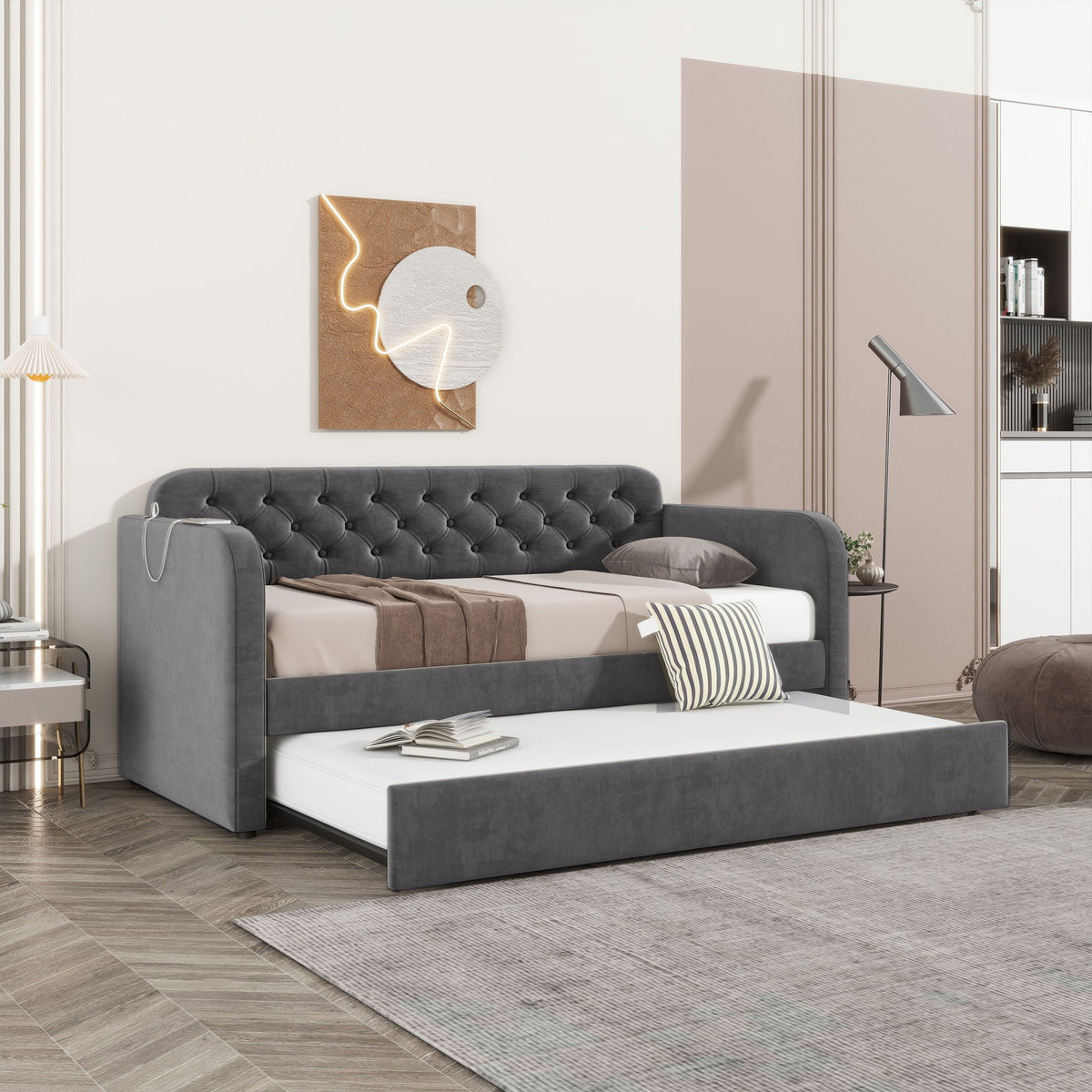 Upholstered Daybed With Trundle and USB Charging - Twin Size, photo 3 of 12