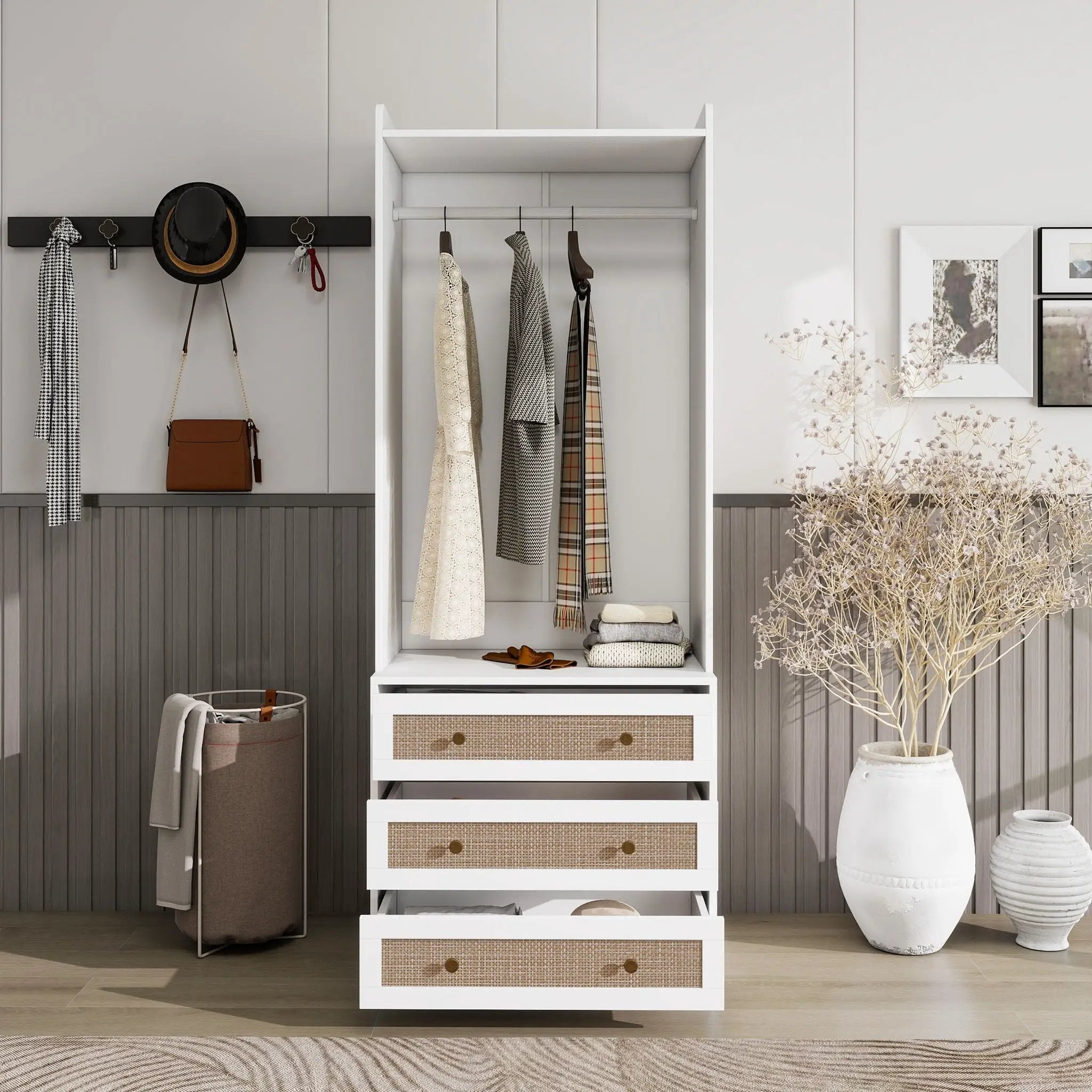 Wardrobe With 3 Drawers High Wardrobe Armoire With Rattan For Living Room Organizer - White by HouseOfZazla